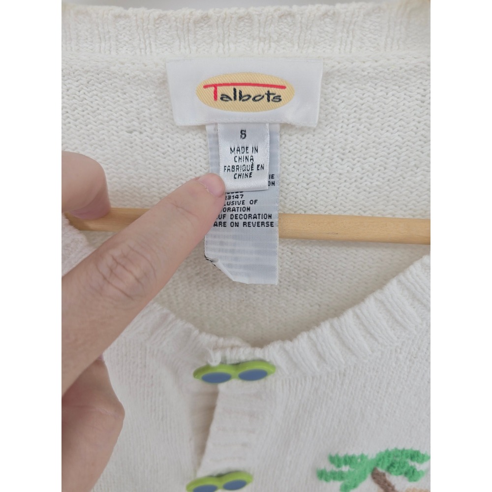 Talbots Cardigan Sweater Women Small Cream Beach Theme Embroidery Sunglasses 90s - Picture 3 of 9